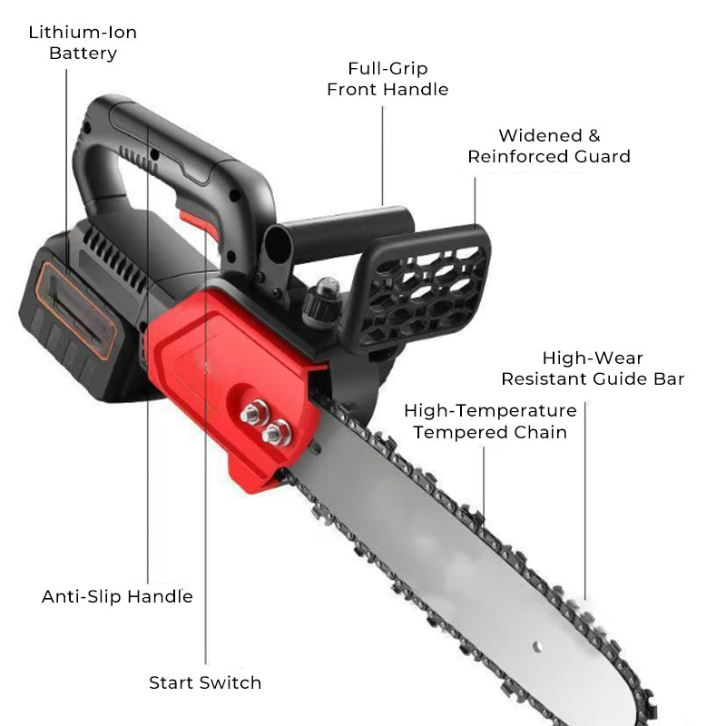 Tronçonneuse sans fil Lithium-Ion Moteur en cuivre pur | Coupe rapide,se bloque rarement | Sécurité anti-démarrage accidentel | Pare-copeaux | Polyvalente pour le jardinage, l'élagage et la coupe de bois de chauffage