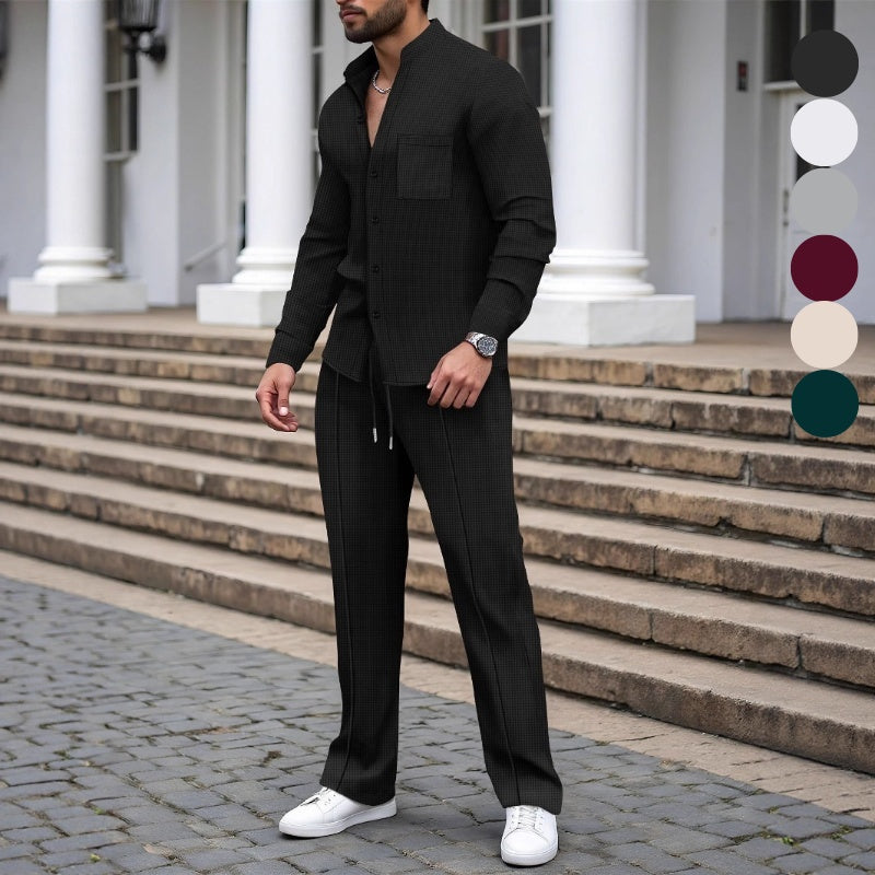 Ensemble 2 pièces décontracté pour homme, chemise et pantalon en tissu gaufré