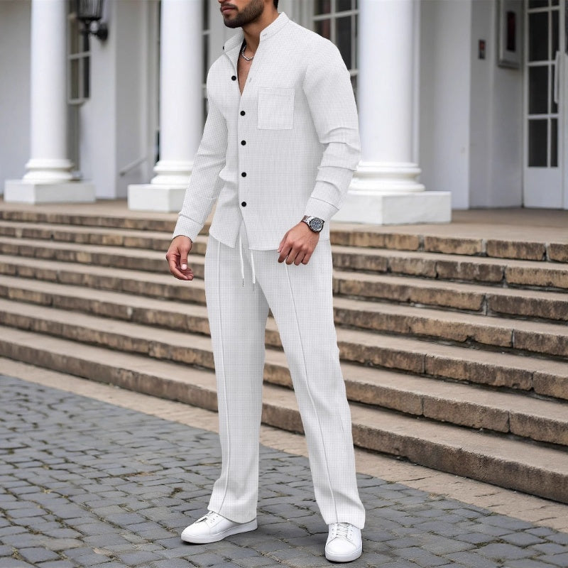 Ensemble 2 pièces décontracté pour homme, chemise et pantalon en tissu gaufré