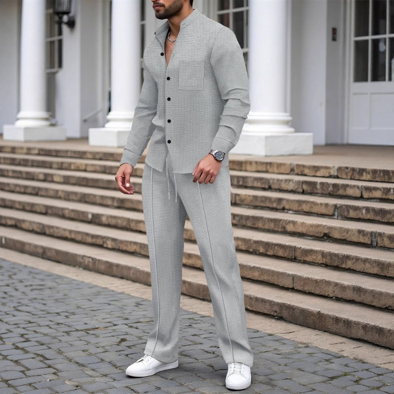Ensemble 2 pièces décontracté pour homme, chemise et pantalon en tissu gaufré