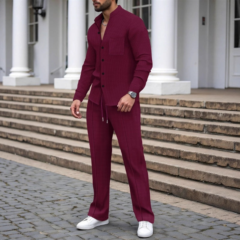 Ensemble 2 pièces décontracté pour homme, chemise et pantalon en tissu gaufré
