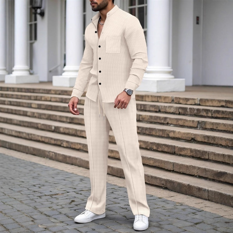Ensemble 2 pièces décontracté pour homme, chemise et pantalon en tissu gaufré