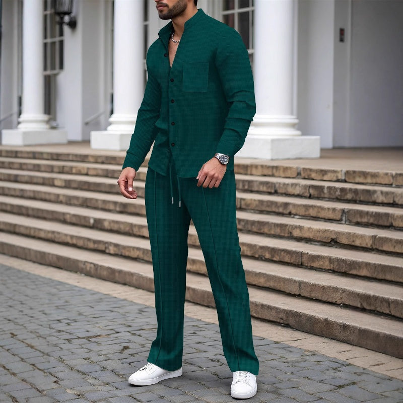 Ensemble 2 pièces décontracté pour homme, chemise et pantalon en tissu gaufré