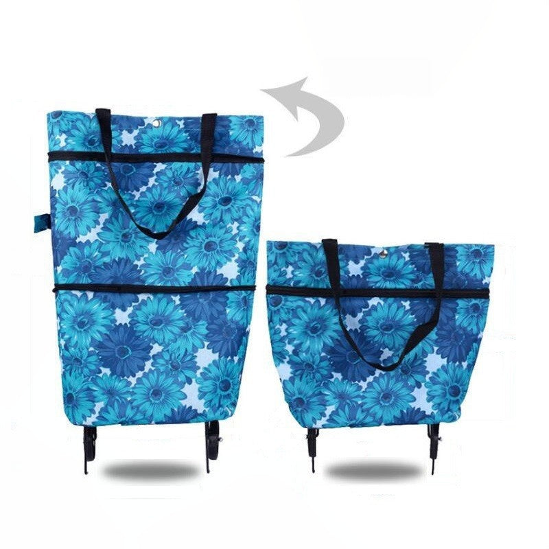 Sac de courses pliable 2-en-1 à roulettes avec roues style bagage