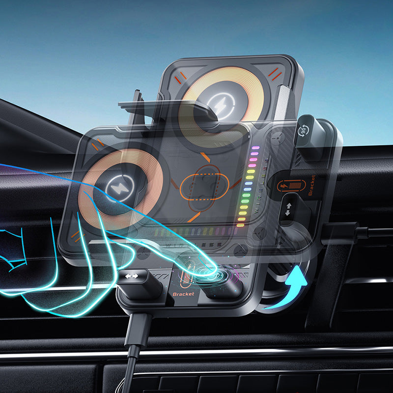 Support de téléphone de voiture intelligent 2-en-1 avec fonction pivotante et chargeur sans fil