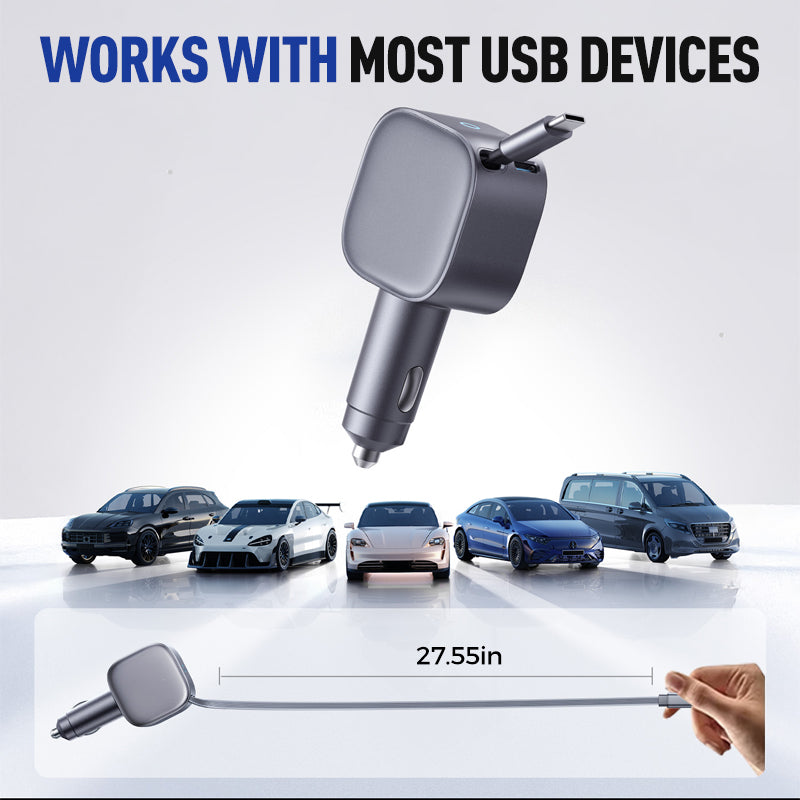 Chargeur de voiture compact à câble rétractable. 3 dernières heures : grande vente