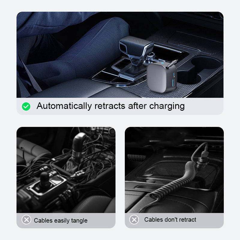 Chargeur de voiture compact à câble rétractable. 3 dernières heures : grande vente