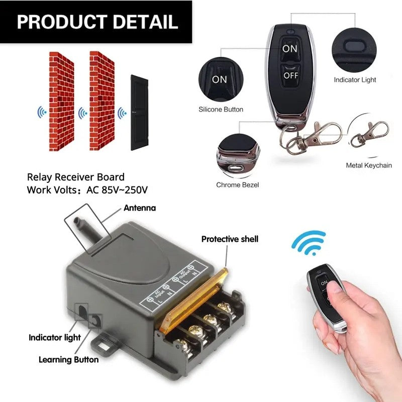 Wireless remote control switch and receiver kit, no wiring