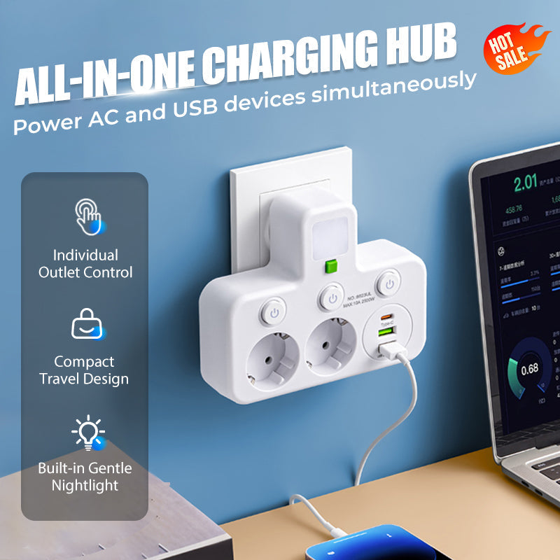 EU Power Strip with 4 Outlets, Multiport Wall Plug with Individual Switch and Small Adapter for Night Light
