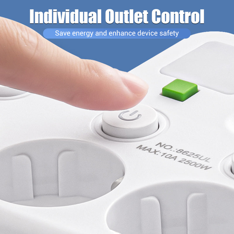 EU Power Strip with 4 Outlets, Multiport Wall Plug with Individual Switch and Small Adapter for Night Light
