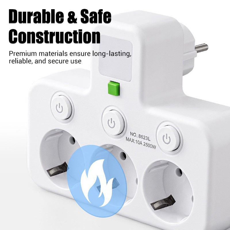 EU Power Strip with 4 Outlets, Multiport Wall Plug with Individual Switch and Small Adapter for Night Light