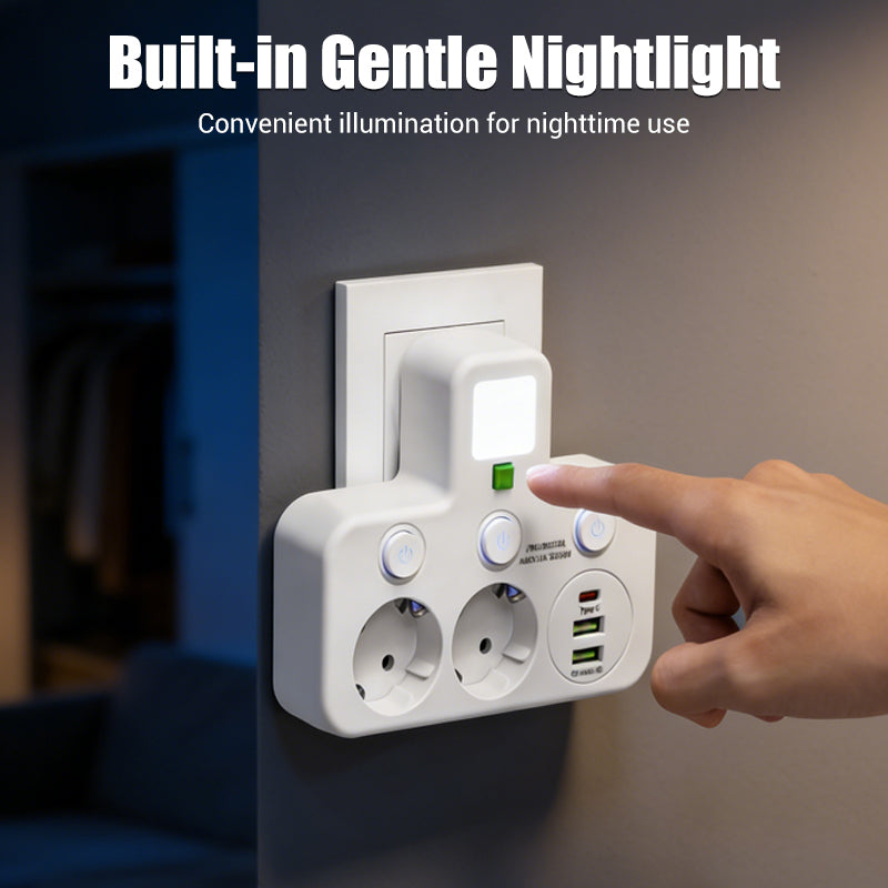 EU Power Strip with 4 Outlets, Multiport Wall Plug with Individual Switch and Small Adapter for Night Light