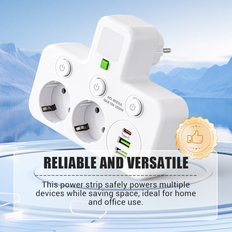 EU Power Strip with 4 Outlets, Multiport Wall Plug with Individual Switch and Small Adapter for Night Light