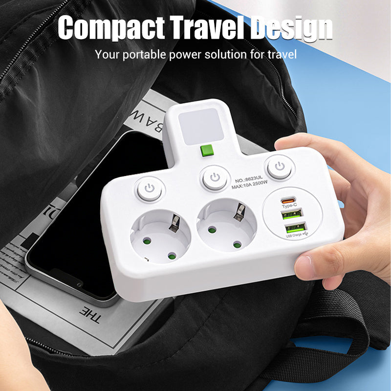 EU Power Strip with 4 Outlets, Multiport Wall Plug with Individual Switch and Small Adapter for Night Light