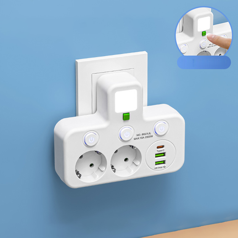 EU Power Strip with 4 Outlets, Multiport Wall Plug with Individual Switch and Small Adapter for Night Light