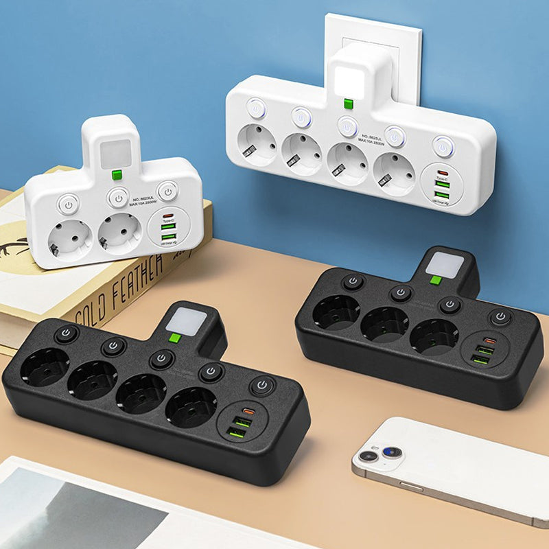 EU Power Strip with 4 Outlets, Multiport Wall Plug with Individual Switch and Small Adapter for Night Light