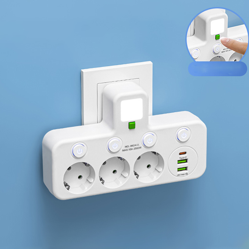 EU Power Strip with 4 Outlets, Multiport Wall Plug with Individual Switch and Small Adapter for Night Light