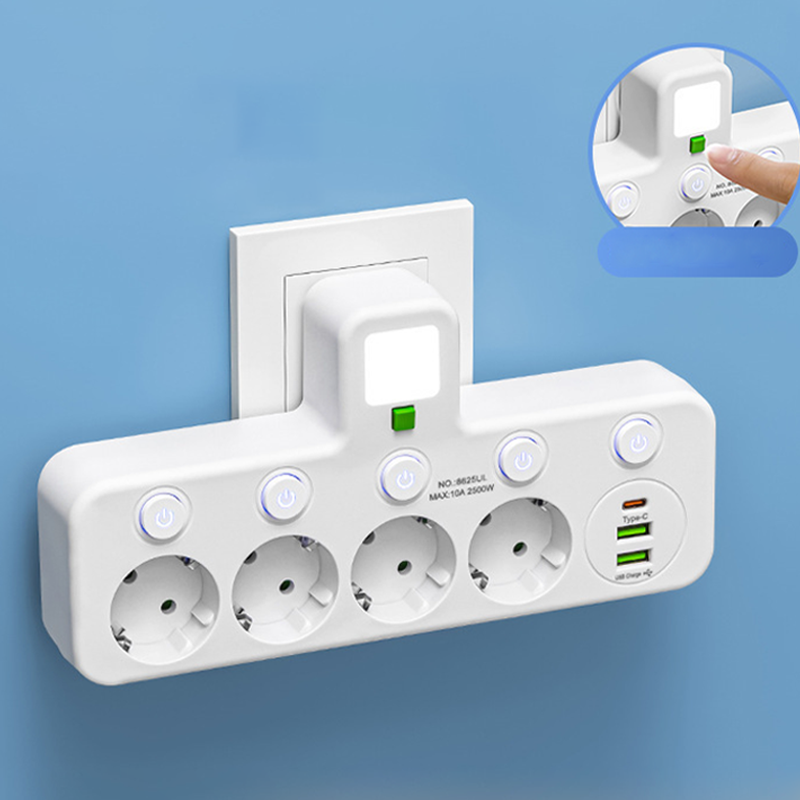 EU Power Strip with 4 Outlets, Multiport Wall Plug with Individual Switch and Small Adapter for Night Light