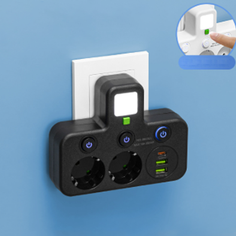 EU Power Strip with 4 Outlets, Multiport Wall Plug with Individual Switch and Small Adapter for Night Light