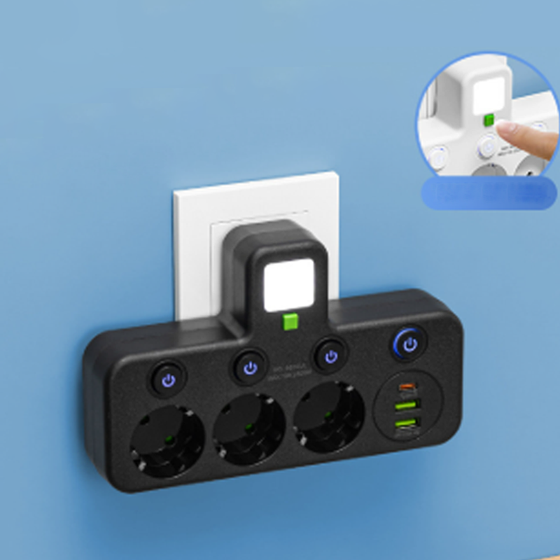 EU Power Strip with 4 Outlets, Multiport Wall Plug with Individual Switch and Small Adapter for Night Light