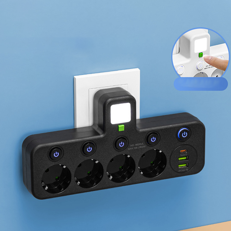 EU Power Strip with 4 Outlets, Multiport Wall Plug with Individual Switch and Small Adapter for Night Light
