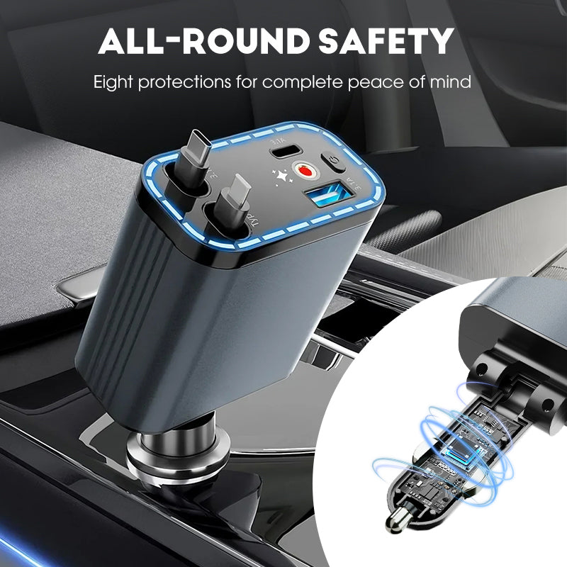 Ultra-fast car charger with retractable cables and starry light ambiance