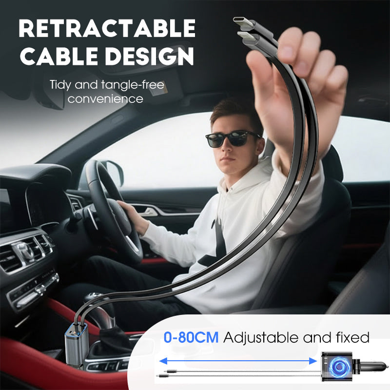 Ultra-fast car charger with retractable cables and starry light ambiance