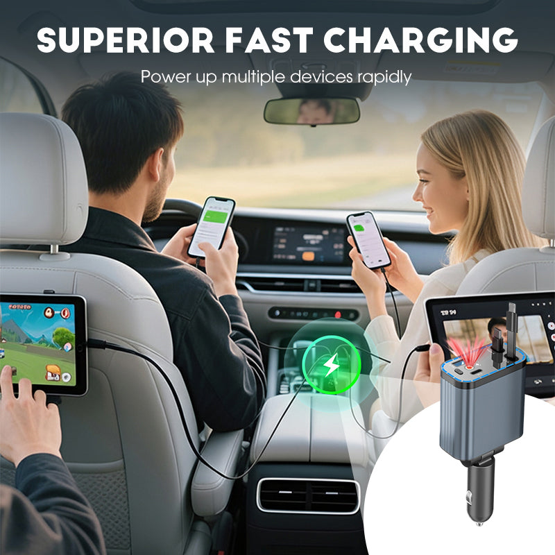 Ultra-fast car charger with retractable cables and starry light ambiance