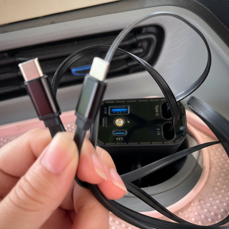 Ultra-fast car charger with retractable cables and starry light ambiance