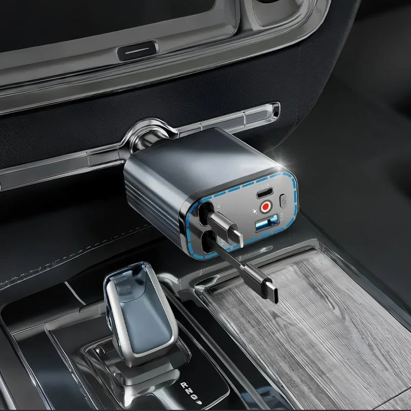 Ultra-fast car charger with retractable cables and starry light ambiance