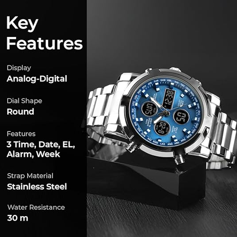 Montre militaire étanche pour homme, analogique-numérique, en acier inoxydable et résistante aux chocs