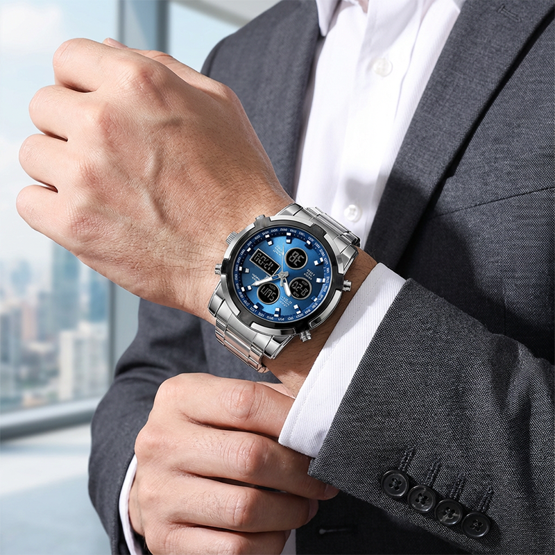Montre militaire étanche pour homme, analogique-numérique, en acier inoxydable et résistante aux chocs
