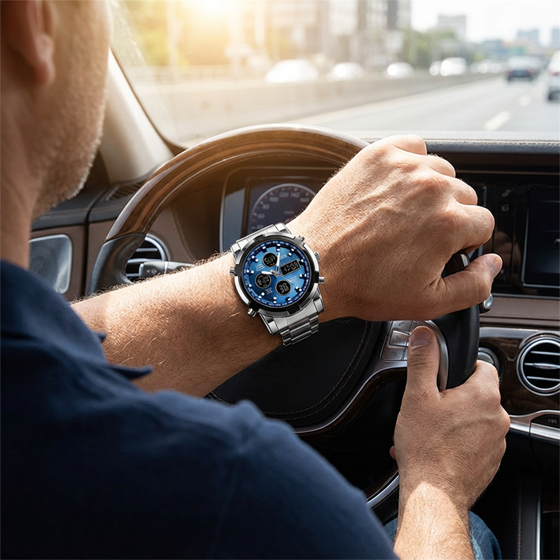 Montre militaire étanche pour homme, analogique-numérique, en acier inoxydable et résistante aux chocs