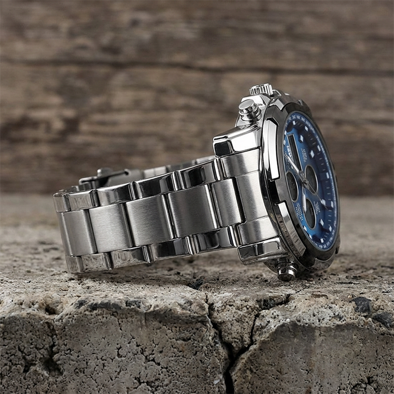 Montre militaire étanche pour homme, analogique-numérique, en acier inoxydable et résistante aux chocs