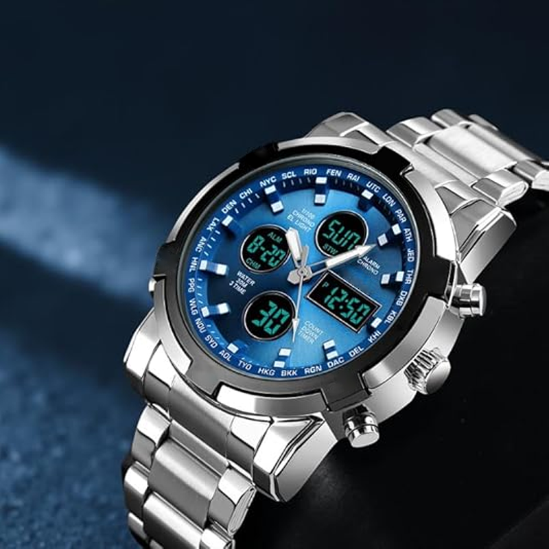 Montre militaire étanche pour homme, analogique-numérique, en acier inoxydable et résistante aux chocs