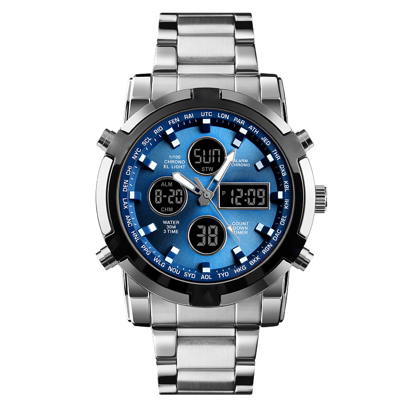 Montre militaire étanche pour homme, analogique-numérique, en acier inoxydable et résistante aux chocs