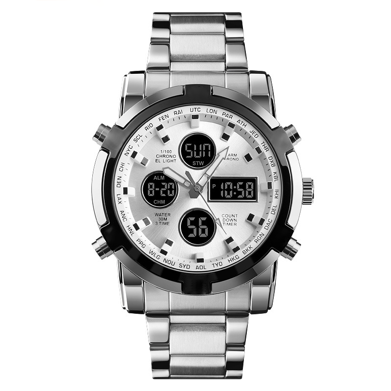 Montre militaire étanche pour homme, analogique-numérique, en acier inoxydable et résistante aux chocs