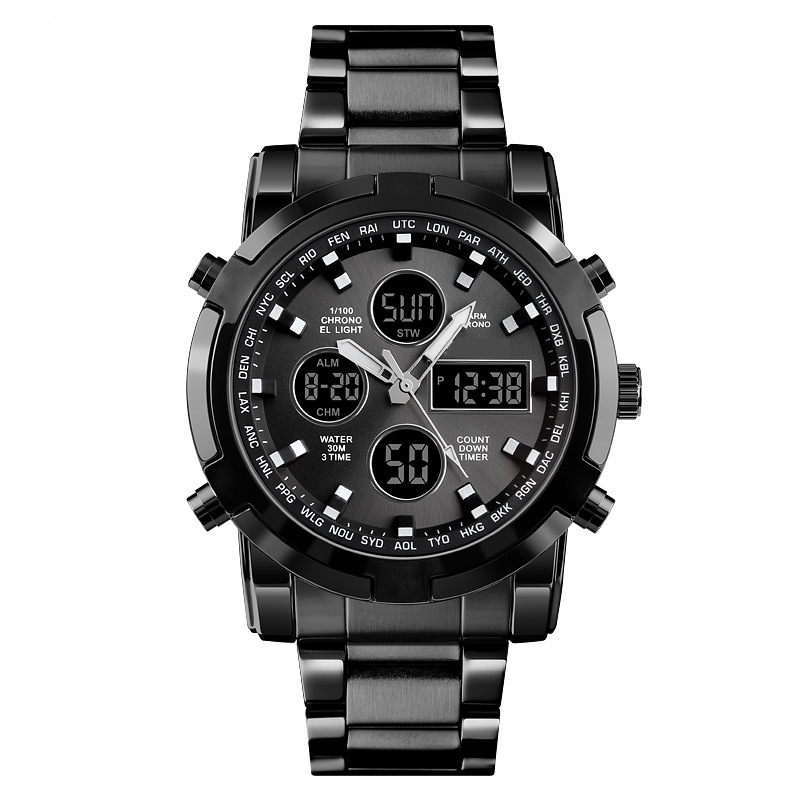 Montre militaire étanche pour homme, analogique-numérique, en acier inoxydable et résistante aux chocs