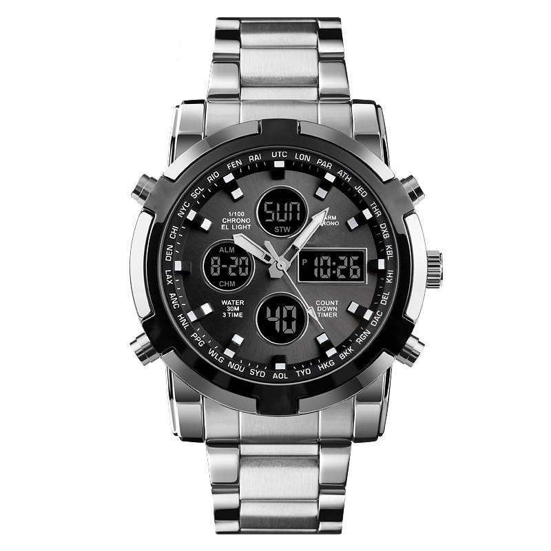 Montre militaire étanche pour homme, analogique-numérique, en acier inoxydable et résistante aux chocs