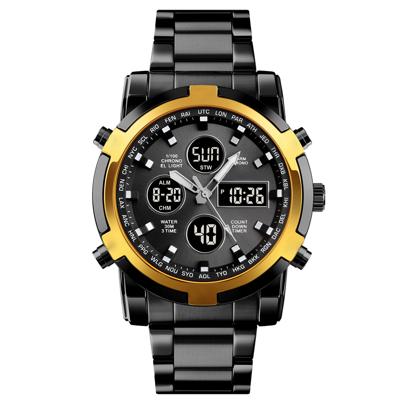 Montre militaire étanche pour homme, analogique-numérique, en acier inoxydable et résistante aux chocs