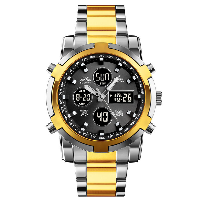 Montre militaire étanche pour homme, analogique-numérique, en acier inoxydable et résistante aux chocs