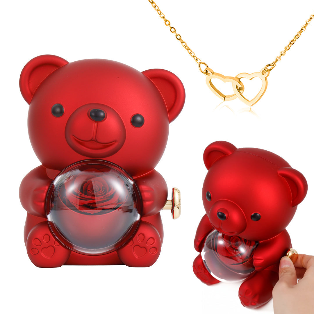 Vente surprise de la Saint-Valentin -57 % : peluche ourson avec rose stabilisée – collier + rose éternelle + ourson en peluche