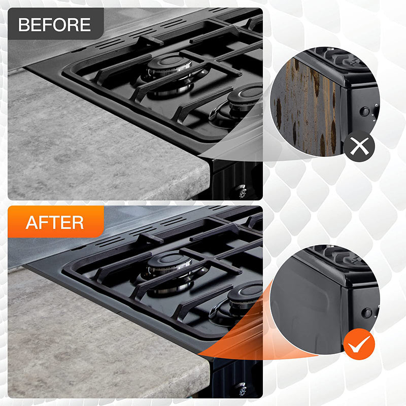 Adjustable stainless steel protection for the gap between the stove edge and the countertop