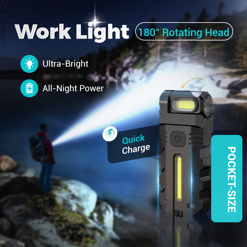 Lampe de travail LED à tête pivotante à 180°, double faisceau, base magnétique et rechargeable via USB-C