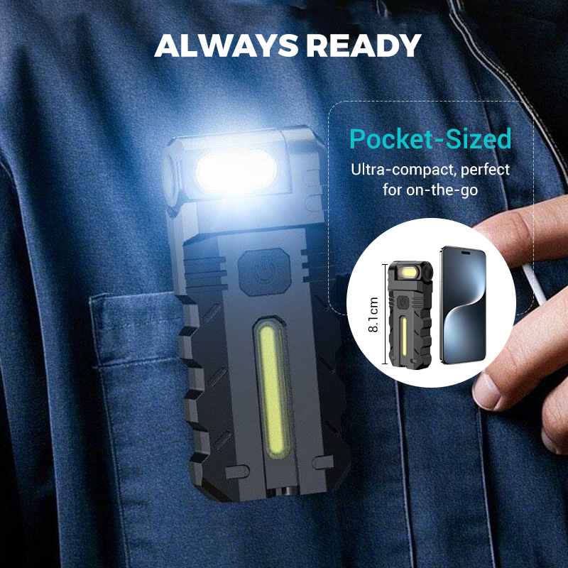 Lampe de travail LED à tête pivotante à 180°, double faisceau, base magnétique et rechargeable via USB-C