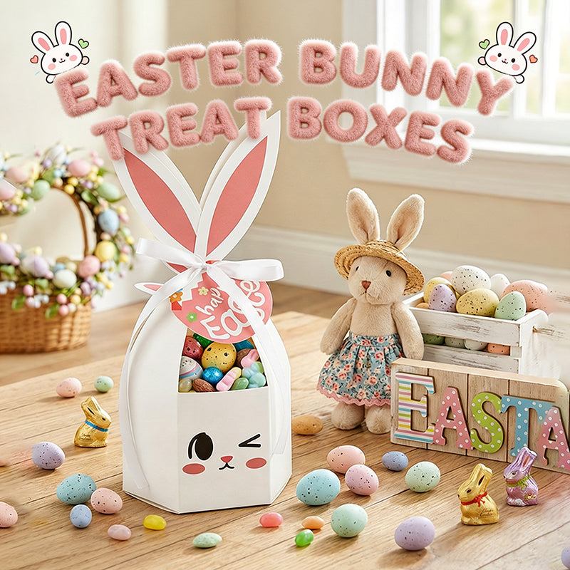10 boîtes à friandises Lapin de Pâques avec rubans et étiquettes
