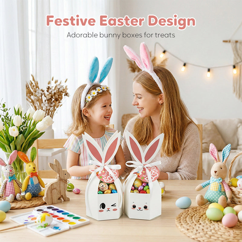 10 boîtes à friandises Lapin de Pâques avec rubans et étiquettes