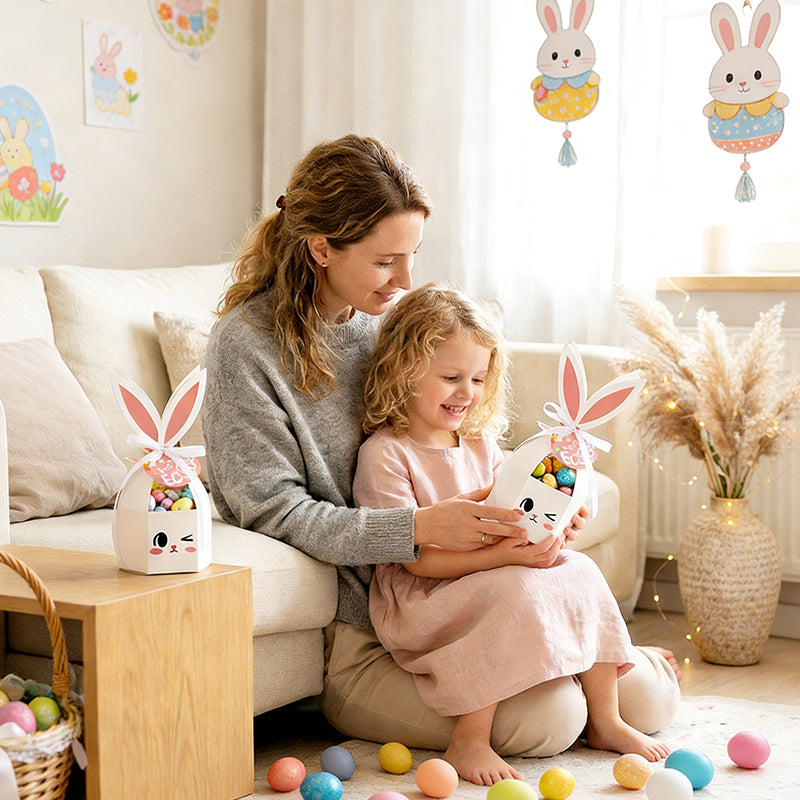 10 boîtes à friandises Lapin de Pâques avec rubans et étiquettes