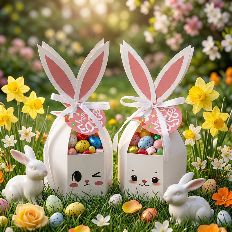10 boîtes à friandises Lapin de Pâques avec rubans et étiquettes