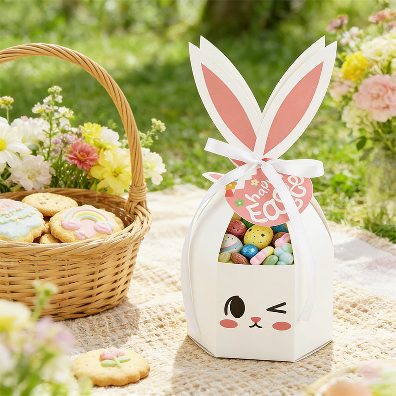 10 boîtes à friandises Lapin de Pâques avec rubans et étiquettes